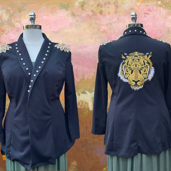 RESERVED Size 3x Black Embellished Tiger Jacket, Upcycled and Created by Seller - Picture 1 of 10